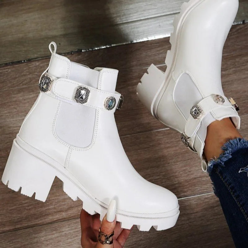 2021 New Crystal Rhinestone Slip-On Platform PU Leather Women's Ankle Boots: Stylish Booties for Spring and Autumn Footwear - Luxinsly