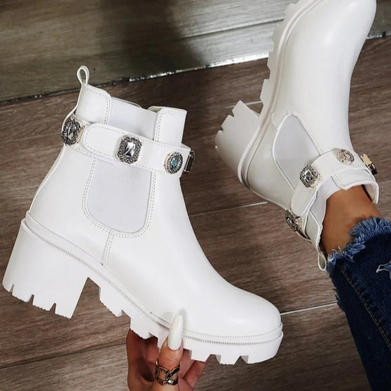 2021 New Crystal Rhinestone Slip-On Platform PU Leather Women's Ankle Boots: Stylish Booties for Spring and Autumn Footwear