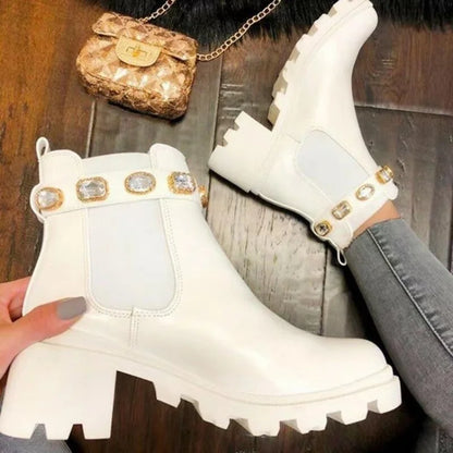 2021 New Crystal Rhinestone Slip-On Platform PU Leather Women's Ankle Boots: Stylish Booties for Spring and Autumn Footwear - Luxinsly