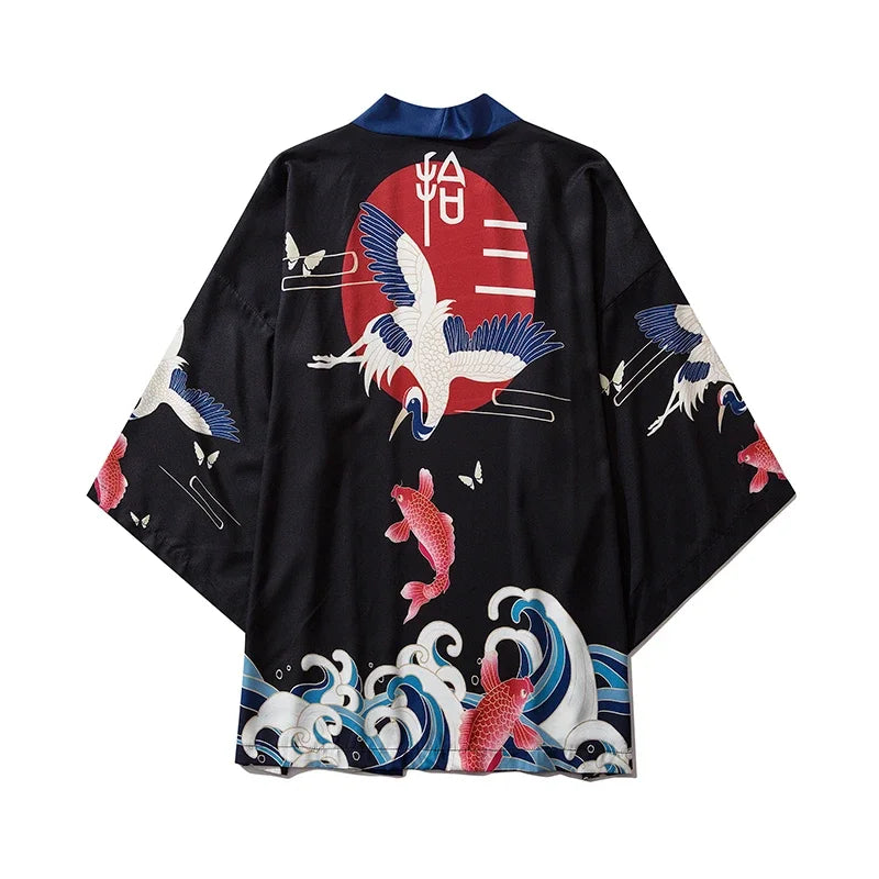 Bebovizi Japanese Wave Koi Print Kimono Cardigan Jacket: Men's Fashionable Japan-Style Streetwear Thin Coat 2019 - Luxinsly