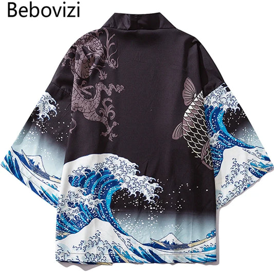 Bebovizi Japanese Wave Koi Print Kimono Cardigan Jacket: Men's Fashionable Japan-Style Streetwear Thin Coat 2019 - Luxinsly