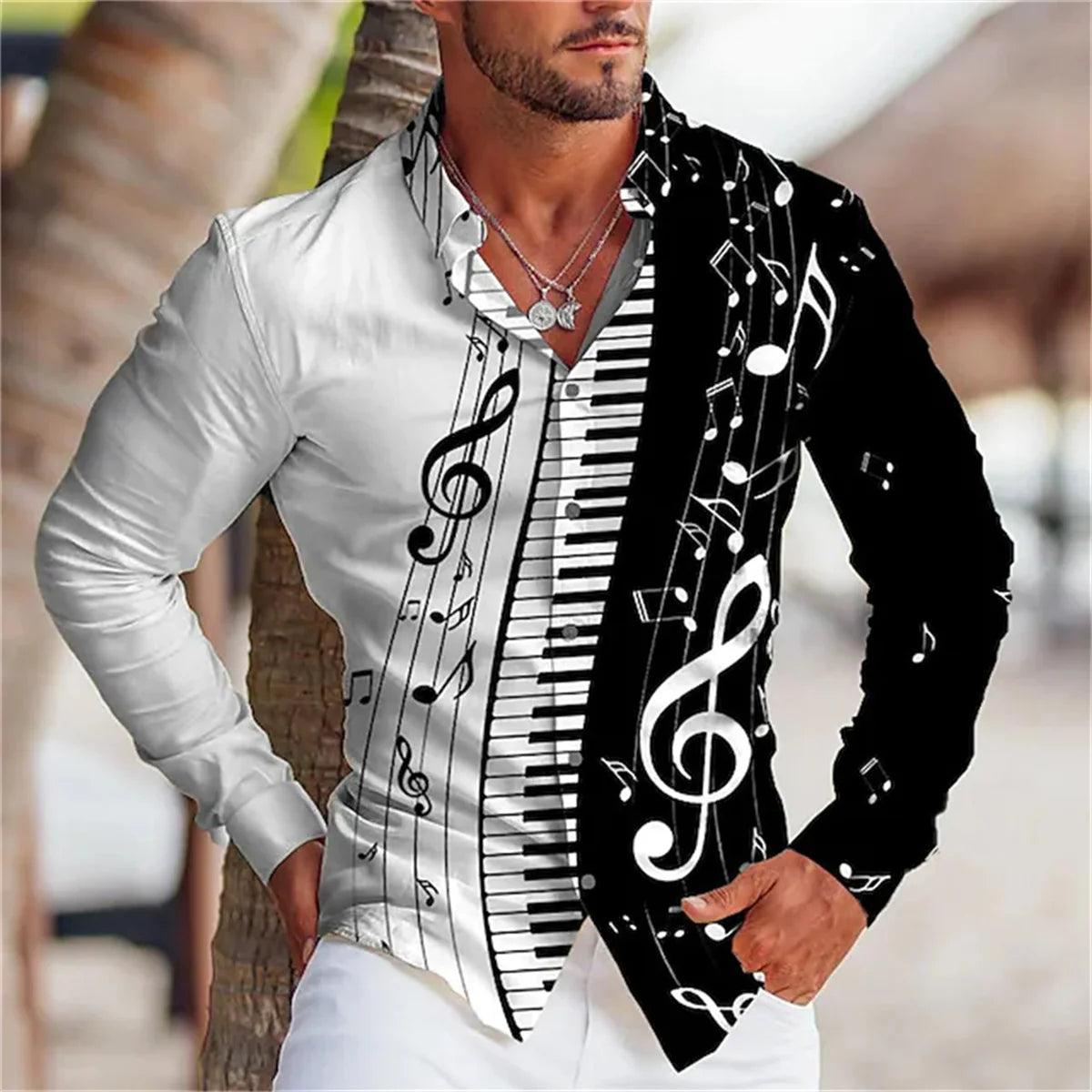 Men's Summer Long Sleeve Shirt |  Music Print Design, Comfortable Oversized