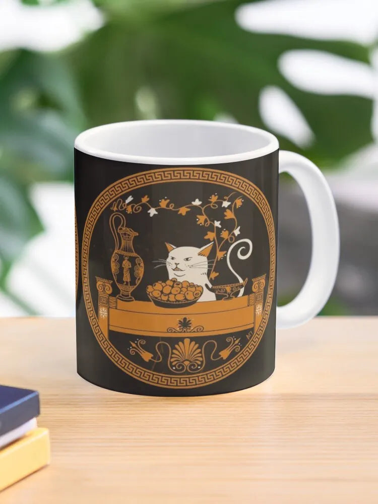 Ancient Greek Cat Meme Coffee Mug | Kawaii 11oz Christmas Cup with Panda Bear and Mocha Cat Design