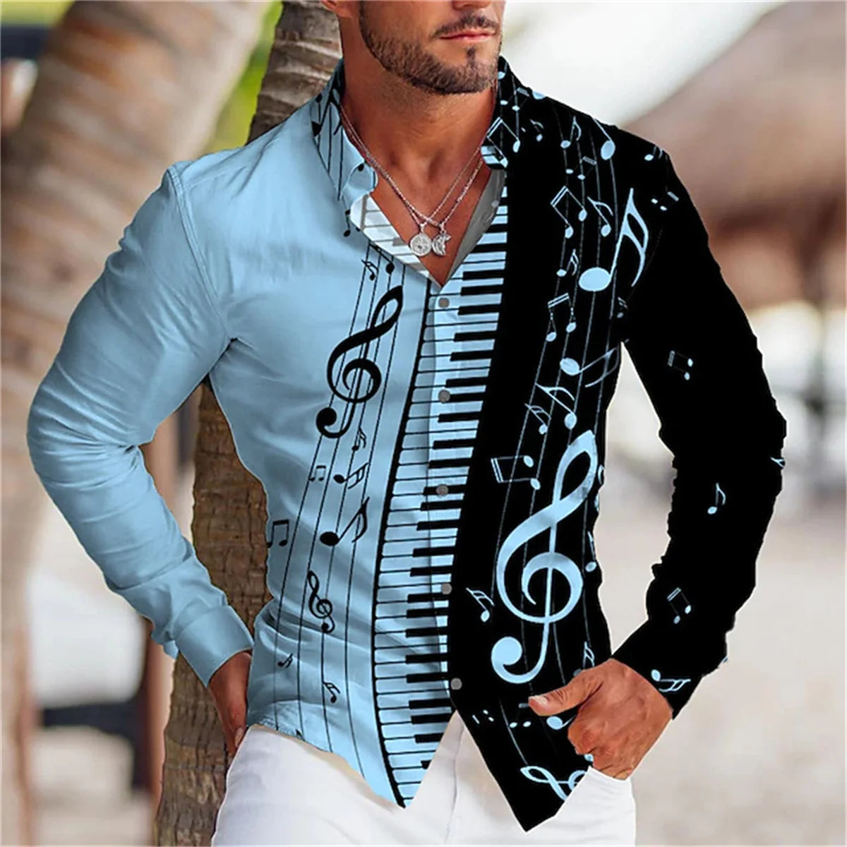 Men's Summer Long Sleeve Shirt |  Music Print Design, Comfortable Oversized