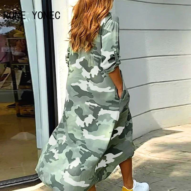 Elegant Dress Camouflage Print Sequins Pocket Design Maxi | Casual Summer Dress - Luxinsly