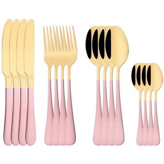 16-Piece Pink Gold Mirror Dinnerware Set: Stainless Steel Knives, Forks, Coffee Spoons, and Flatware Silverware - Luxinsly