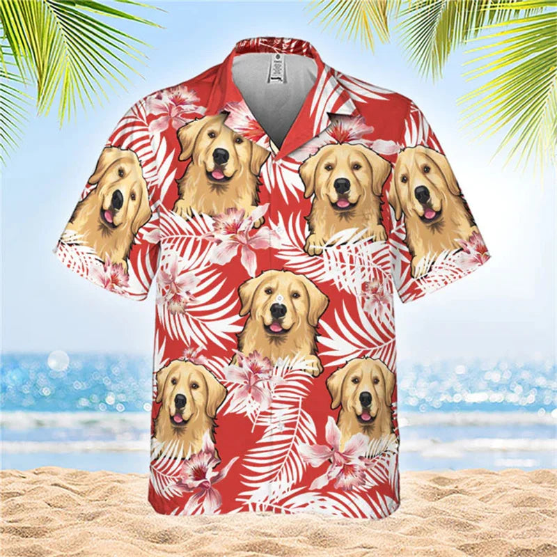 Hot Summer Hawaiian Shirt: Cool Floral Dog & Cat Pattern Short Sleeve Tops for Men, Women, and Children