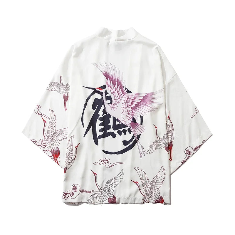 Bebovizi Japanese Wave Koi Print Kimono Cardigan Jacket: Men's Fashionable Japan-Style Streetwear Thin Coat 2019 - Luxinsly