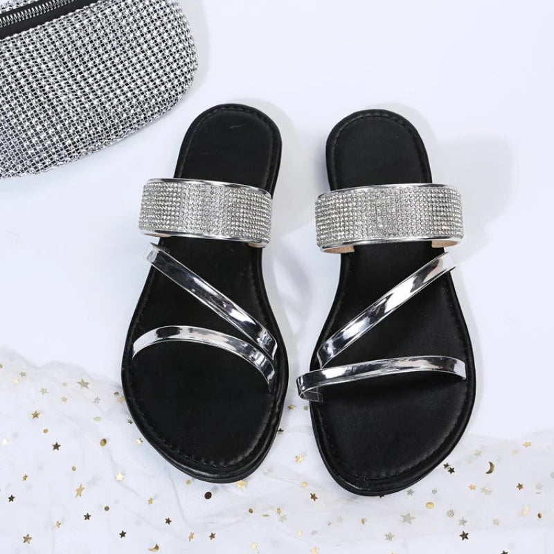 Summer Women's Fashion: Gold and Silver Patent Leather Flat Heel Sandals with Rhinestones - Bling Narrow Band Beach Casual Slippers - Luxinsly