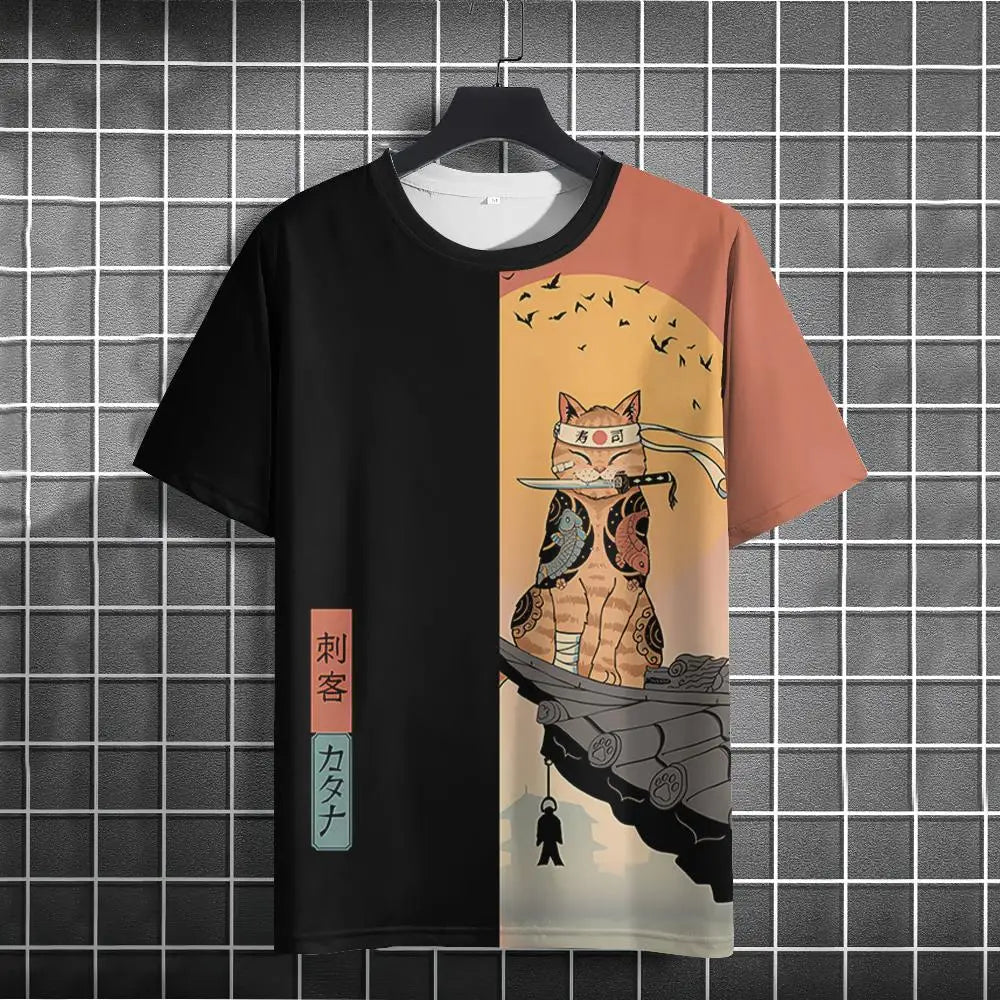 Japanese Samurai Cat 3D Print T-Shirt | Casual Fashion Tee for Men and Women