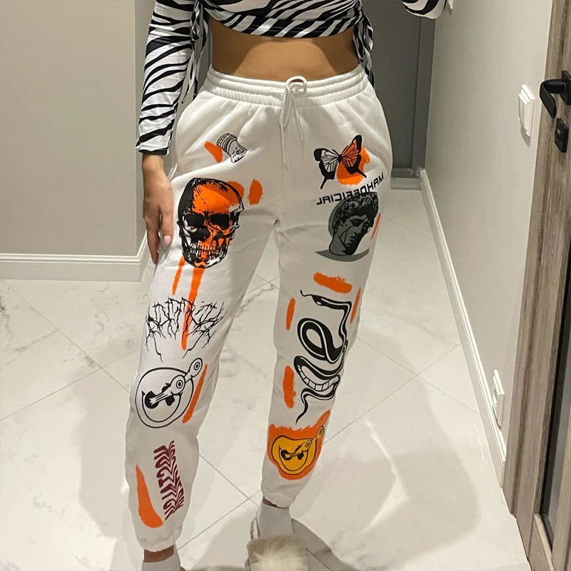 Y2K Harajuku Women’s High-Waist Sweatpants– Cartoon Skull Printed Streetwear - Luxinsly