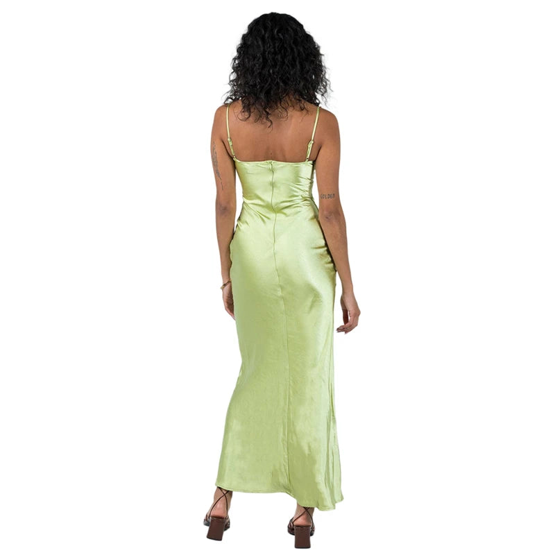 Women's Elegant Floral V-Neck Spaghetti Strap Sleeveless Long Satin