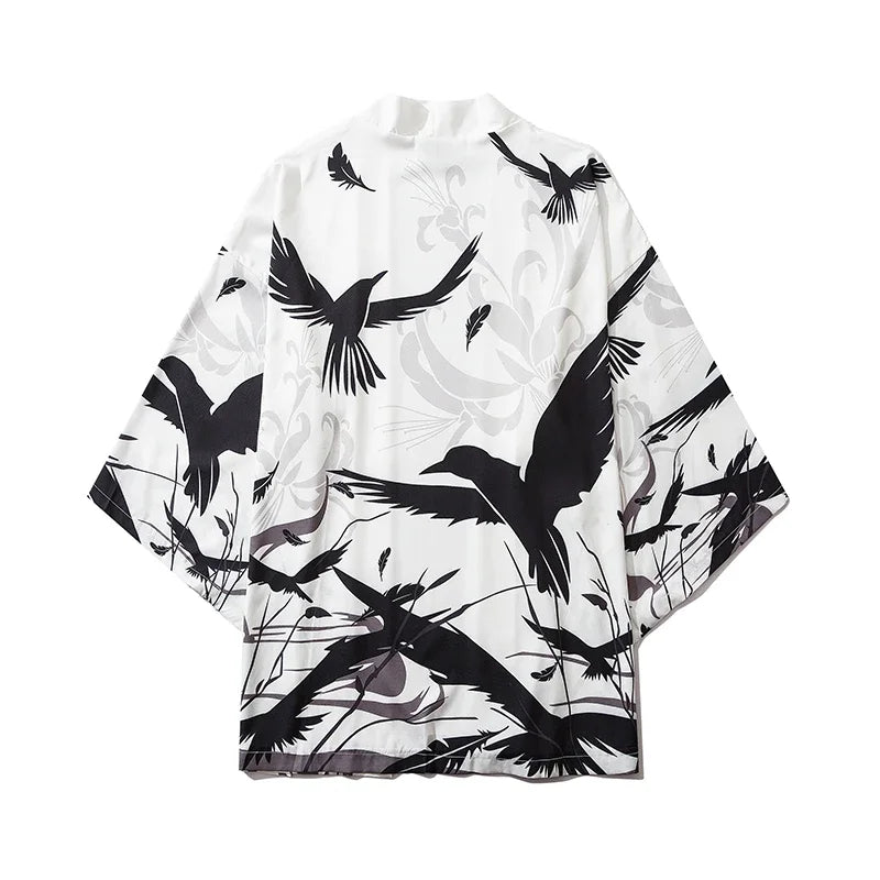 Bebovizi Japanese Wave Koi Print Kimono Cardigan Jacket: Men's Fashionable Japan-Style Streetwear Thin Coat 2019 - Luxinsly