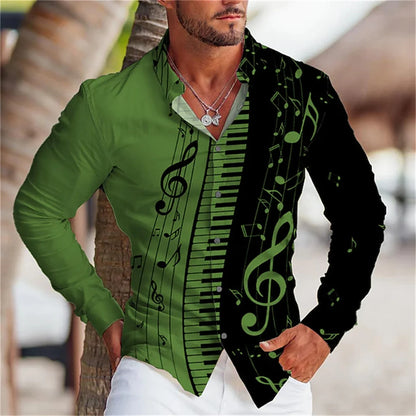 Men's Summer Long Sleeve Shirt |  Music Print Design, Comfortable Oversized - Luxinsly