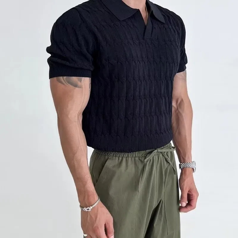 Men's Knitted Jacquard Polo Shirt–Casual Stripe V-Neck, Breathable Short Sleeve Tee - Luxinsly