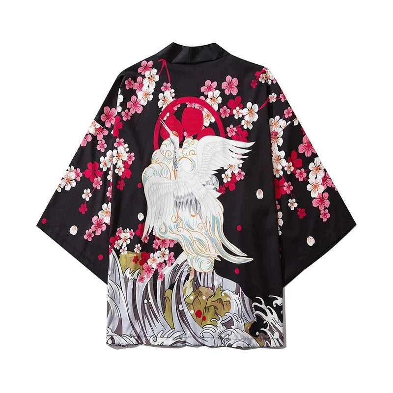 Bebovizi Japanese Wave Koi Print Kimono Cardigan Jacket: Men's Fashionable Japan-Style Streetwear Thin Coat 2019