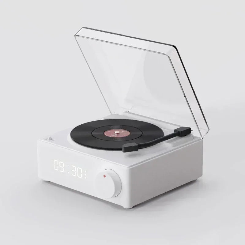 Vinyl Turntable Bluetooth Speaker: Compact Wireless Sound System with High-Quality Audio, Subwoofer, and Alarm Clock - Luxinsly