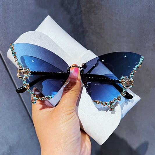 Envy Luxe Rimless Sunglasses with Rhinestone Butterfly Detail - Luxinsly