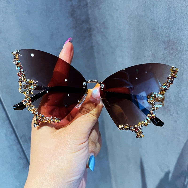 Envy Luxe Rimless Sunglasses with Rhinestone Butterfly Detail - Luxinsly