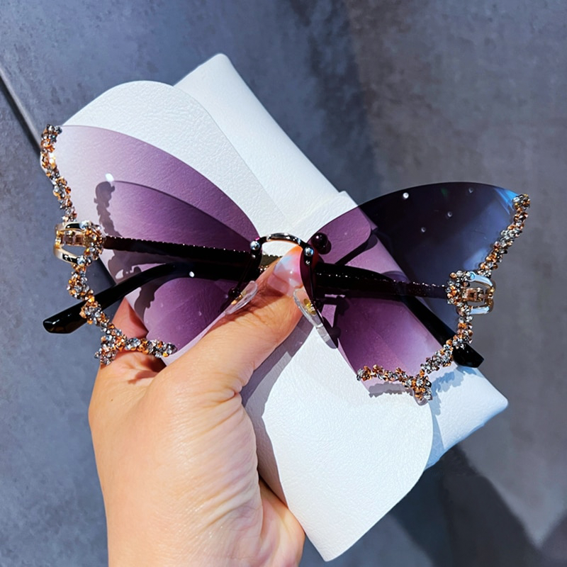 Envy Luxe Rimless Sunglasses with Rhinestone Butterfly Detail - Luxinsly