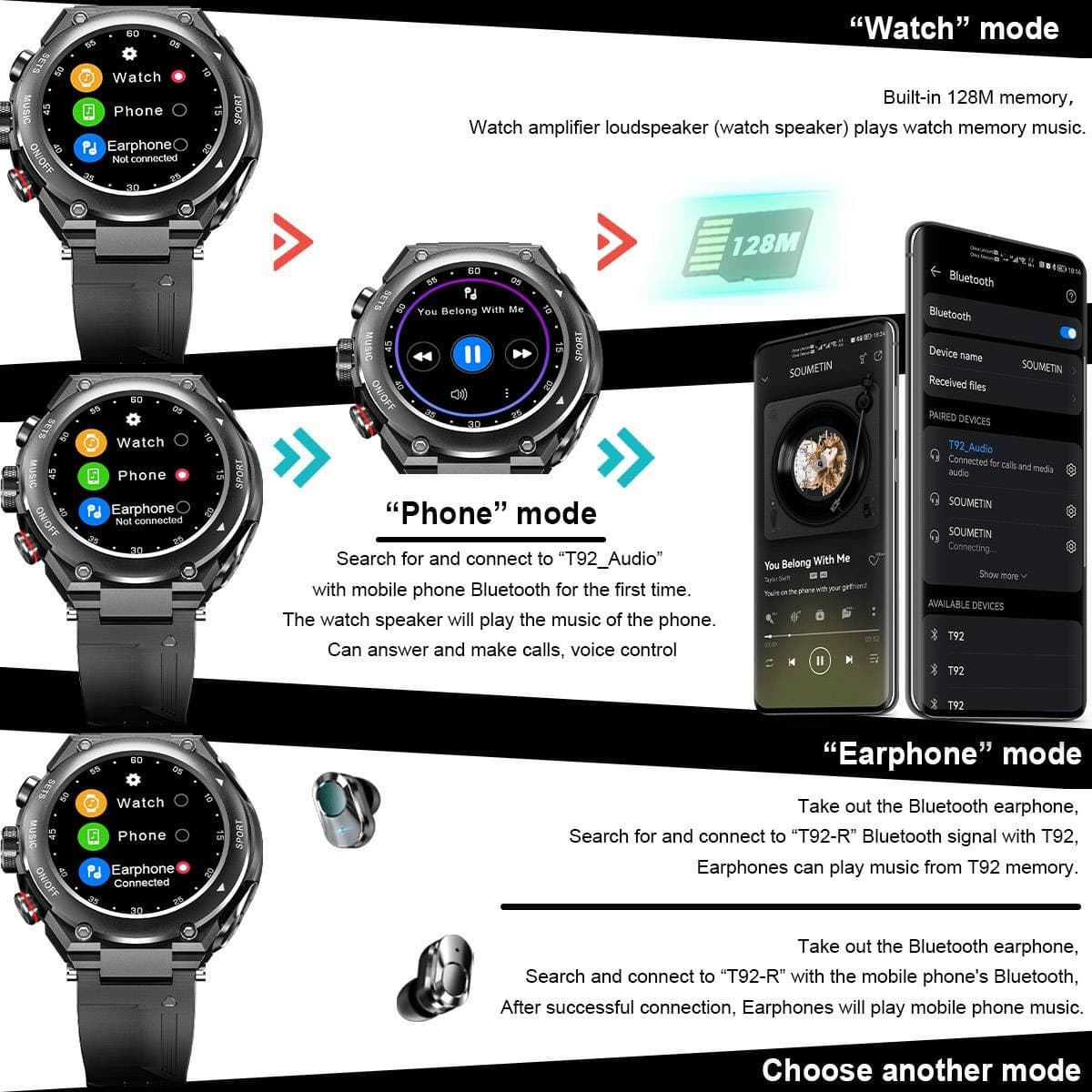 Smartwatch with Integrated Wireless Earphones (Compatible with iPhone & Android)