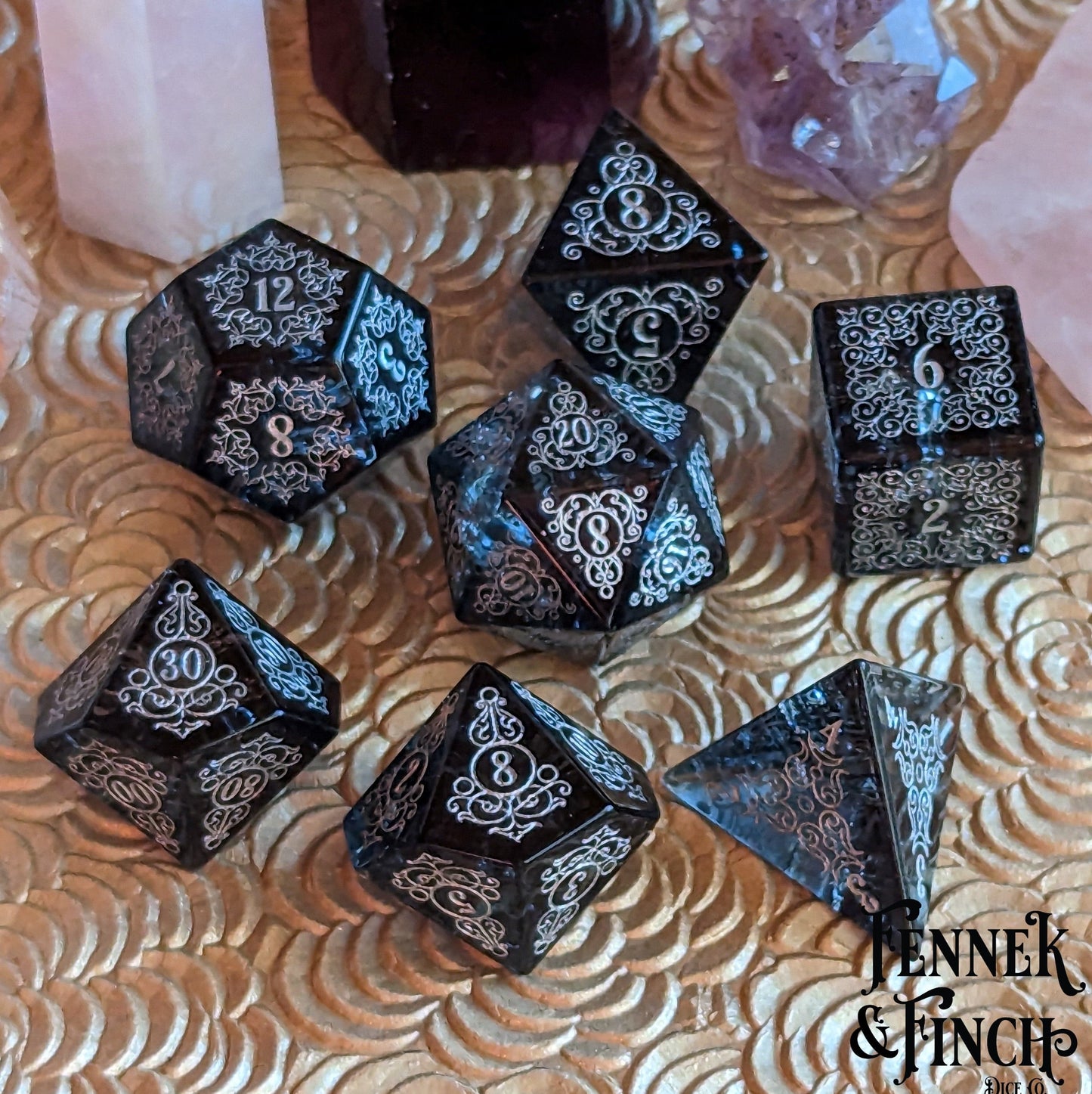 Garden Gate Black Crackled Glass Gemstone Dice Set. - Luxinsly