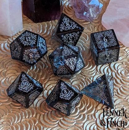 Garden Gate Black Crackled Glass Gemstone Dice Set. - Luxinsly