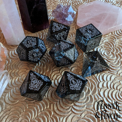 Garden Gate Black Crackled Glass Gemstone Dice Set. - Luxinsly