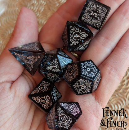 Garden Gate Black Crackled Glass Gemstone Dice Set. - Luxinsly