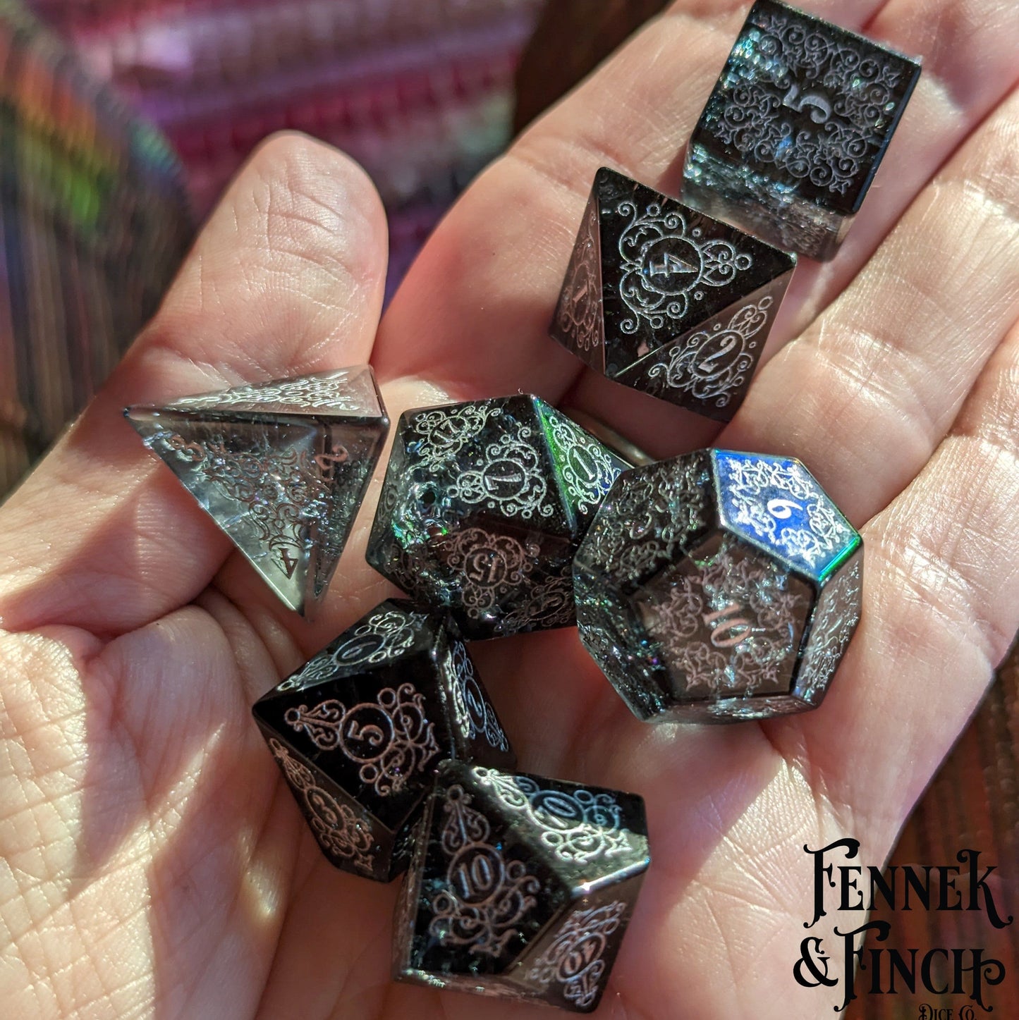 Garden Gate Black Crackled Glass Gemstone Dice Set. - Luxinsly