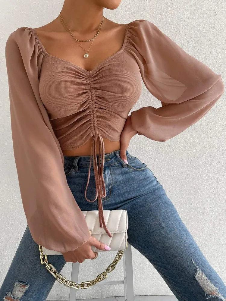 Women’s Puff Sleeve Lace up V-neck Top - Luxinsly